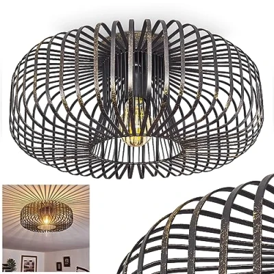 Afbeelding van plafondlamp Wemude, ronde van metaal in zwart/goud, 1 vlam, E27 fitting, retro lamp met rastereffect aan het plafond,zonder gloeilamp
