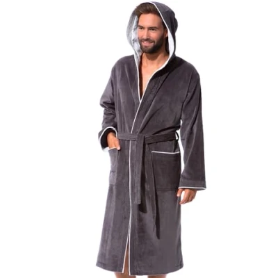 Afbeelding van Morgenstern heren luxe badjas met capuchon velour van puur katoen grijs lichtgrijs M