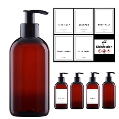 Afbeelding van Lege zeepdispensers, 5 stuks, 250 ml + 10 stuks folie etiketten, navulbare cosmeticaflessen, reisflessen, set reiscontainers voor salon, shampoo, lotion, cosmetica, kappersaccessoires