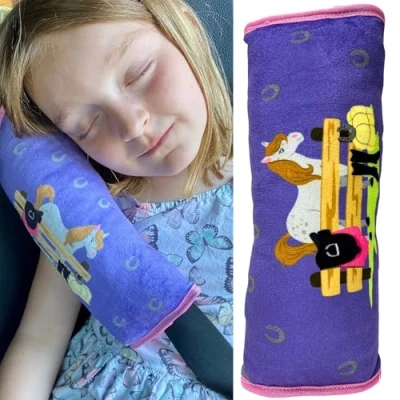 Afbeelding van HECKBO auto slaapkussen voor kinderen machine wasbaar zacht autogordelkussen, gordelbeschermer, gordelkussen, autokussen, reiskussen, vakantie 30x12cm (Boerderij)