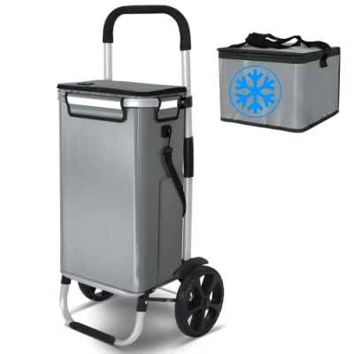 Afbeelding van VOUNOT Boodschappentrolley met 2 wielen van aluminium waterdicht vak, opvouwbaar, 3 in 1, afzonderlijke koeltas, trolley, grijs, 50 l