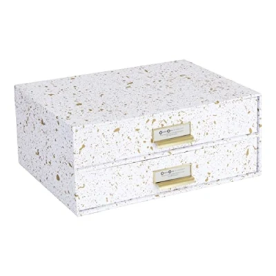 Afbeelding van Bigso Box of Sweden Birger Ladebox voor documenten en kantoorbenodigdheden, bureau organizer met 2 laden, opbergsysteem van vezelplaat papier, goud gespikkeld