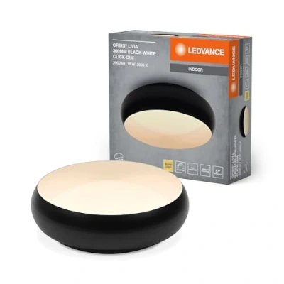 Afbeelding van LEDVANCE ORBIS Livia LED Deckenleuchte mit Metallring, schwarz weiß, 16W, 1000lm, 3000K, 300mm, 830 freundliches Warmweiß, durch Klicken in 3 Stufen dimmbar, IP20, Montageschrauben und Dübel inklusive