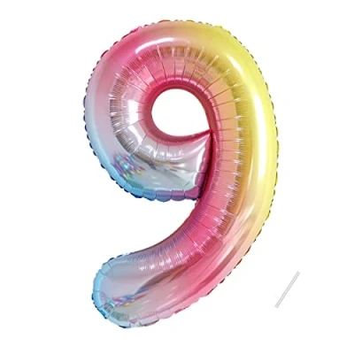 Afbeelding van Partyhausy Verjaardagsnummer ballon 9 jaar folieballon XXL regenboog kleurverloop, reuzenballon van 40 inch 101 cm verjaardagsdecoratie cijfer decoratie voor verjaardag vliegt met helium