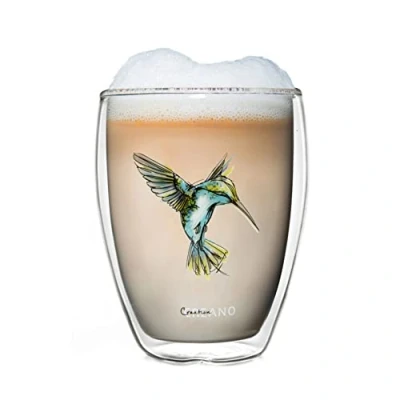 Afbeelding van Creano dubbelwandig theeglas, Latte Machiato, thermo mok Kolibri 250ml in exclusieve geschenkdoos, blauw