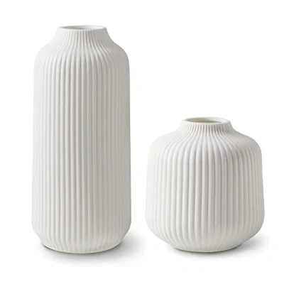 Afbeelding van Flature Keramische vaas met groeven, moderne decoratie voor pampasgras, boho vensterbank, vazenset, zwart mat, verse bloemen, bloemenvaas als woondecoratie, droogbloemen, set van 2