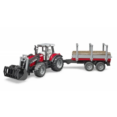 Afbeelding van Bruder Massey Ferguson 7480 tractor met voorlader, houttransporter en 3 boomstammen
