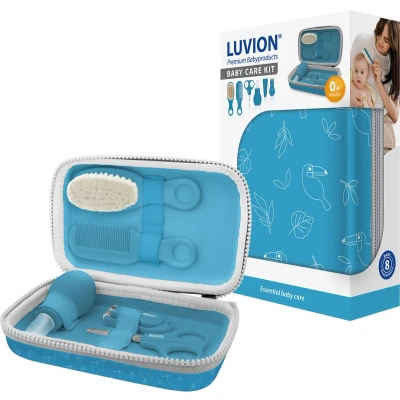 Afbeelding van LUVION® baby Verzorgingsset Blauw uitgebreide 8 delige geschenkset met verzorgingsproducten Manicureset en nagelset nagelknipper, nagelvijl nagelschaartje Borstel kam voor de haarverzorging Neuszuiger Kraamcadeau Jongen