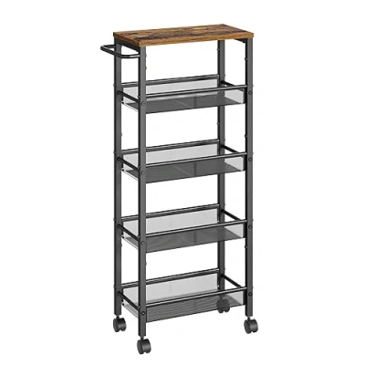 Afbeelding van VASAGLE LRC035B01 Trolley met 5 niveaus, smalle keukentrolley op wielen, staal, handgreep, voor kleine ruimtes, keuken, badkamer, woonkamer, studeerkamer, 22 x 45,4 99,6 cm, vintage bruin zwart