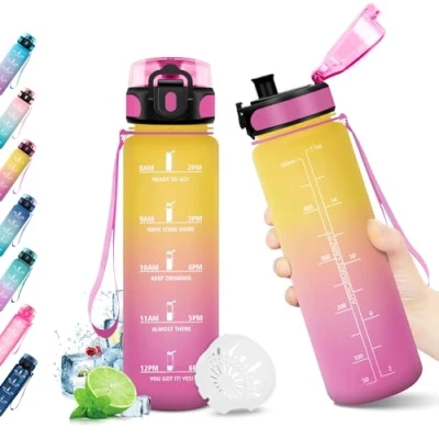 Afbeelding van KollyKolla drinkfles voor kinderen, 500 ml, motiverende met tijdweergave, lekvrij, 1 klik om te openen, BPA vrij, meisjes, fiets, school, camping
