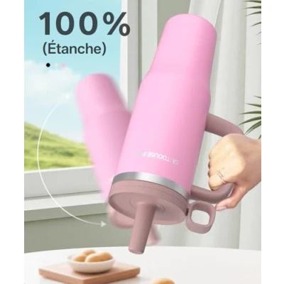 Afbeelding van OUTDOUSE PRO Thermobeker met handvat en rietje, 1200 ml, BPA vrij, beker voor warme koude dranken, roze