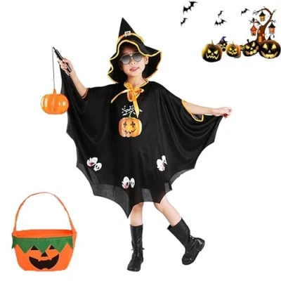 Afbeelding van Amebleak Halloweenkostuum voor kinderen, tovenaarscape met hoed en pompoen, snoepzak, Halloweenkostuums heksencape, wizard cape, cosplay rekwisieten (zwart)