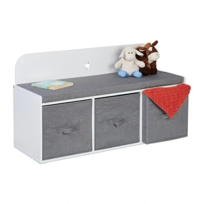 Afbeelding van kinderbankje met opbergruimte 54 x 99 35 cm kussen leuning wit/grijs