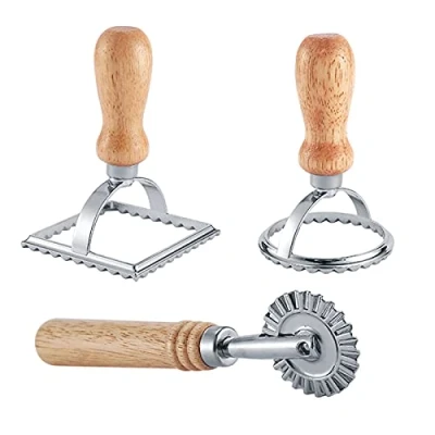 Afbeelding van ravioli Maker Stempelsnijder met rolwielset, pastamachervorm houten handvat en geribbelde rand, snijder persstempel voor pasta, knoedels, lasagne, pierogi (3 set snijder)