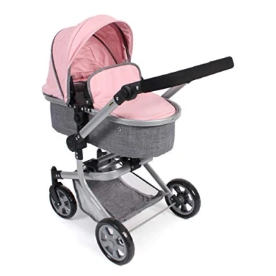 Afbeelding van Bayer Chic 2000 Poppenwagen Mika, 2 in 1 combipoppenwagen voor kinderen van 4 tot 8 jaar, melange grijs roze, 73 x 41 82 cm