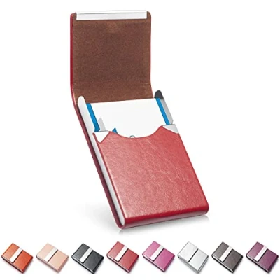 Afbeelding van FACATH Visitekaarthouder, Luxe Microfiber Lederen Visitekaartje Case, Metalen Kaarthouder Pocket, Slanke Naam Kaarthouder, CXPSK Rood, L