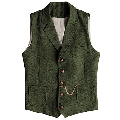 Afbeelding van AeoTeokey Heren Western Herringbone Tweed Suit Vest Wol Slim Fit Vest, legergroen, M