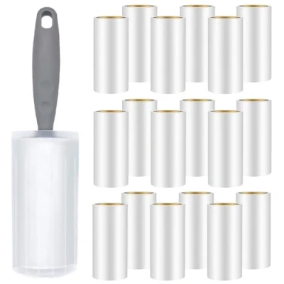 Afbeelding van Omtofo 18 rollen pluisroller met 1 dispenser + stofhoes, 1080 vellen extra kleverige lint roller, pluisrol dierenhaar, voor kleding, haar, bank, bed, kattenhaar, hondenharen