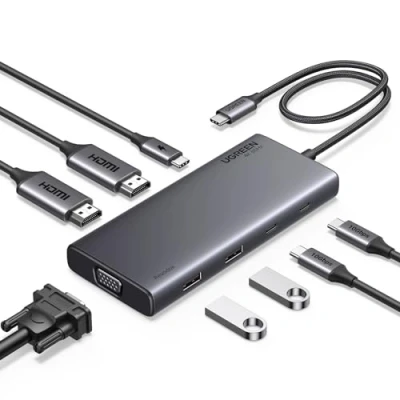 Afbeelding van UGREEN Revodok Pro 308 Triple Display Docking Station USB C Hub 2HDMI VGA(4K@60Hz max.), 10Gbps Ports(2*USB A, 2*USB C), PD 100W, compatibel met MacBook Air/Pro, XPS 15, ThinkPad X1 usw.
