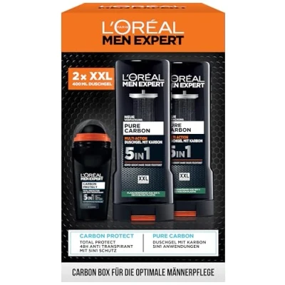 Afbeelding van L&#039;Oréal Men Expert Cadeauset voor mannen met 5 in 1 deodorant en XXL douchegel haar, lichaam gezicht, voordeelverpakking Carbon Protect deoroller Pure Bodywash, 3 delig