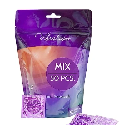 Afbeelding van VIBRATISSIMO Condooms Mix 50 pack gemengd I authentiek gevoel en extra nat voor mannen Condoomverpakking dunne wanddikte gearomatiseerd met subtiele ribbels nopjes