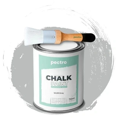 Afbeelding van PECTRO Krijtverf voor meubels 750ml + speciaal houtborstelpakket meubelverf zonder schuren Wood Piant Effect Krijtkleuren (zilvergrijs)