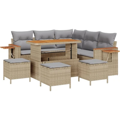 Afbeelding van vidaXL 9 delige Tuinbankset met Kussens Beige Poly Rattan Acacia, 4 Tuin Eetset Acacia