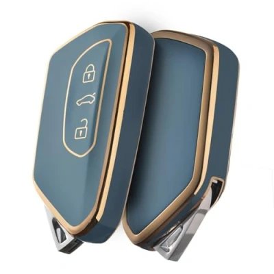Afbeelding van OATSBASF Autosleutelhoes voor VW, sleutelhoes compatibel met Golf 8, Seat Leon MK 4, Tarraco Ateca, Skoda Octavia, TPU siliconen, (gouden rand grijs)