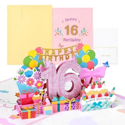 Afbeelding van Joyoldelf 16 jarige verjaardagskaarten, pop up wenskaarten, 3D kaart, verjaardagskaarten met envelop voor vrouwen, moeders, meisjes, vrienden, romantische cadeaukaart