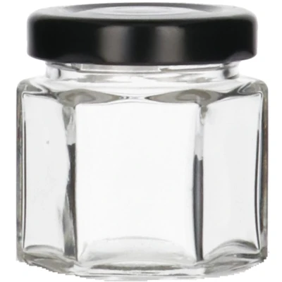 Afbeelding van 6 x 50 ml zeskantige glazen pot met zwarte schroefdeksel Hervulbaar Wasbaar Opslagcontainer stuks