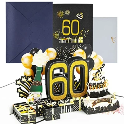 Afbeelding van Joyoldelf Verjaardagskaart voor 60e pop up wenskaarten, 3D kaart, verjaardagskaarten met envelop vrouwen, moeders, meisjes, mannen, vrienden, romantische cadeaukaart