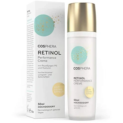 Afbeelding van Cosphera Retinol Performance Crème, 50 ml, met hyaluronzuur, veganistische dag en nachtcrème, hoge dosering voor gezicht, hals, ogen, anti rimpel, vochtbehandeling vrouwen mannen