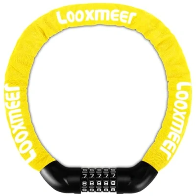 Afbeelding van Looxmeer Fietsslot cijferslot 90cm en hoog veiligheidsniveau, fietskettingslot cijfercode met gehard stalen kettingschakels 5 cijferige cijfercode, Geel