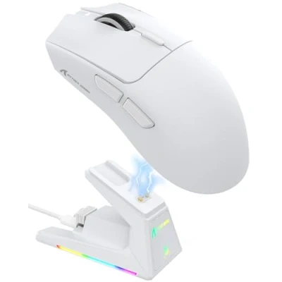 Afbeelding van ATTACK SHARK X1 Gamingmuis met Magnetisch Oplaadstation, PixArt PAW3395PRO Gamingsensor, 40000DPI, BT/2.4G Draadloos/Bedraad, 53g SUPERLIGHT Muis, 100M Microswitches voor PC/Xbox/PS/Mac Wit