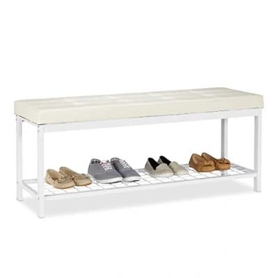 Afbeelding van Relaxdays schoenenbank XXL, bekleding van PU leer, metaal, HBD 49 x 115 40 cm, schoenenrek, open halbank, wit