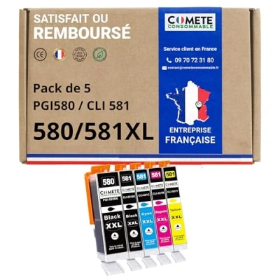 Afbeelding van COMETE, Frans merk 580 581 XL 5 Inktcartridges Compatibel met Canon PGI CLI / PGI580 CLI581 580XL 581XL voor PIXMA Cartridge (2 Zwart 1 Cyaan Magenta Geel)