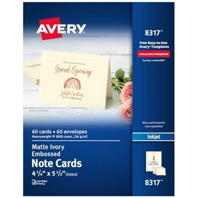 Afbeelding van Avery Afdrukbare notitiekaarten met enveloppen, 10,8 x 14 cm, ivoor reliëfrand, 60 blanco voor inkjetprinters (08317)