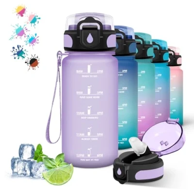Afbeelding van drinkfles voor kinderen, 500 ml, met rietje, lekvrij, tijdschema&#039;s, gemakkelijk te reinigen, motiverende tijdschaal, school, camping, paars