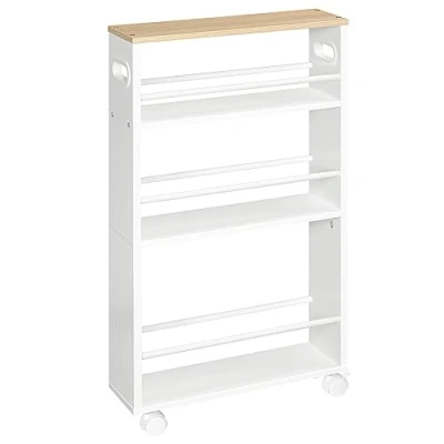Afbeelding van HOOBRO Smalle serveerwagen, 45 x 15 80 cm, keukentrolley met 4 niveaus, keukenrek 360 draaibare wielen en leuningen, gemakkelijk te monteren, stabiel, industrieel, wit natuurlijk hout