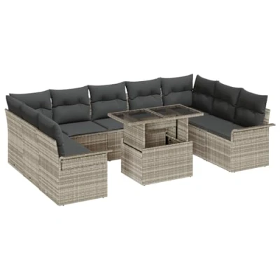 Afbeelding van vidaXL 10 Delige Tuin Sofa Set met Kussens Lichtgrijs Poly Riet