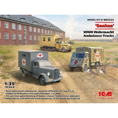 Afbeelding van 1:35 ICM DS3523 &#039;Sankas&#039; WWII Wehrmacht Ambulance Trucks 3 Inbegrepen Plastic Modelbouwpakket