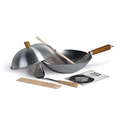 Afbeelding van Ken Hom KH331103 Koolstofstaal Traditioneel Wokset 10 Stuks, 31cm, Classic, Niet Inductie/Natuurlijk Patina Antiaanbaklaag/Houten Handvat, Vaatwasmachinebestendig