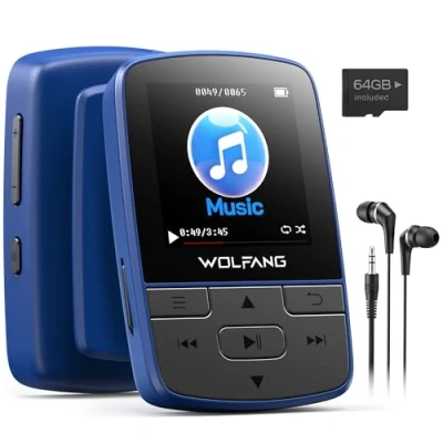 Afbeelding van WOLFANG 64 GB MP3 spelers met Bluetooth 5.3, sportclip, mini formaat, weegt 1 oz, HiFi luidspreker FM radio, spraakrecorder, inclusief oortelefoons