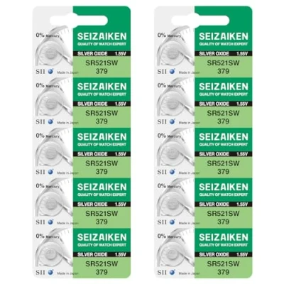Afbeelding van Seizaiken 379 SR521SW 1.55V 0% Hg Zilver Oxide Horloge Batterij (10 Batterijen) Gemaakt in Japan door Seiko