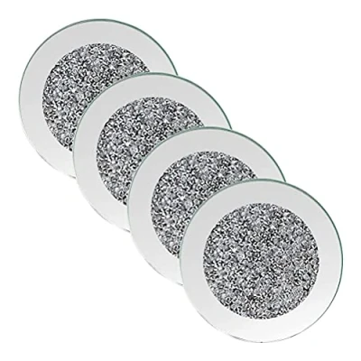 Afbeelding van 4 stuks gespiegelde onderzetters van glas, 10 x cm, Crushed Diamond Cup mat, tafeldecoratie, restaurant, keuken, bar, eettafel