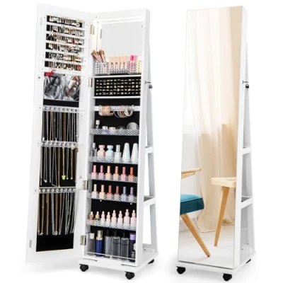 Afbeelding van COSTWAY Sieradenkast met wielen, afsluitbare spiegelkast LED verlichting &amp; verstelbare planken, staand juwelenkast spiegel over de hele lengte voor kettingen, oorbellen, make up (wit)
