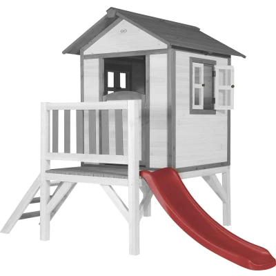 Afbeelding van AXI Speelhuis Beach Lodge XL Wit met rode glijbaan op palen veranda gemaakt van FSC hout