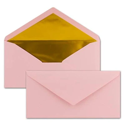 Afbeelding van 75 enveloppen DIN lang roze met goud metallic voering 110 x 220 mm nat lijmen feestelijke voor doop en geboorte