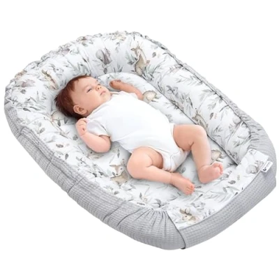 Afbeelding van Medi Partners Babynest Knuffelnest 100% Katoen Wafel Reisbedje Voor baby&#039;s Zuigelingen 100x60x15cm Veilige sluiting (Herten in bladeren met grijs Wafel)