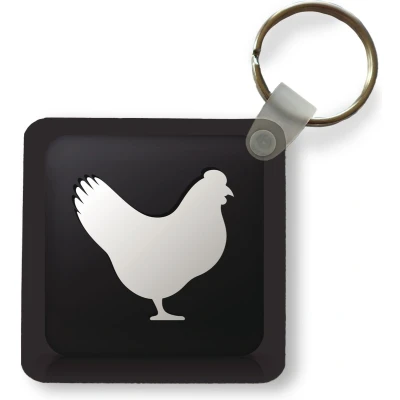 Afbeelding van Sleutelhanger een illustratie van kip op zwarte achtergrond Plastic Rond Uitdeelcadeautjes